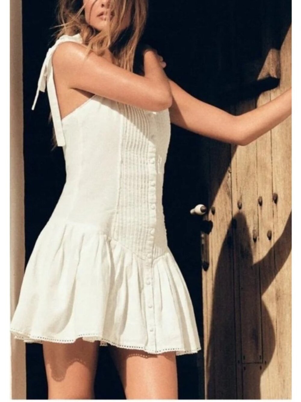 Zara White Cotton Linen Pintuck Embroidered Lace Basque Waist Mini Sun Dress XL
